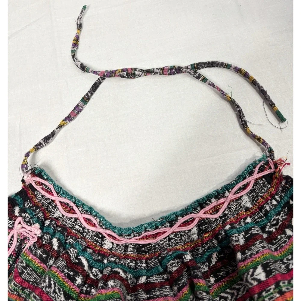 Vintage Boho Woven Apron Multicolor Ethnic‎ Stripe Pink Floral Trim Zipper 48''